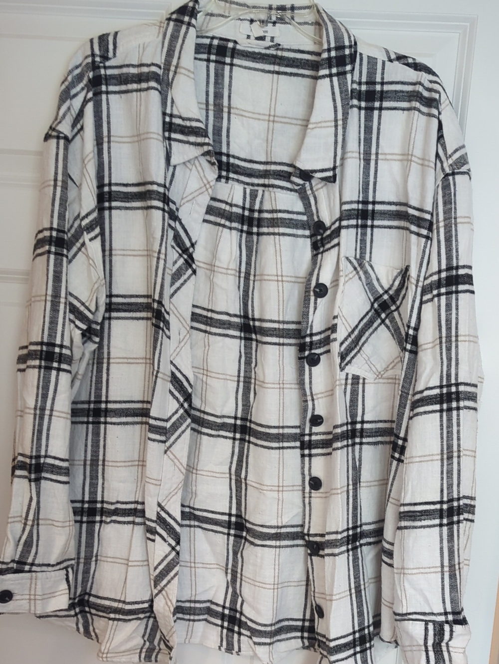Maurices Cream, Black and Tan Plaid Button-Down Shirt